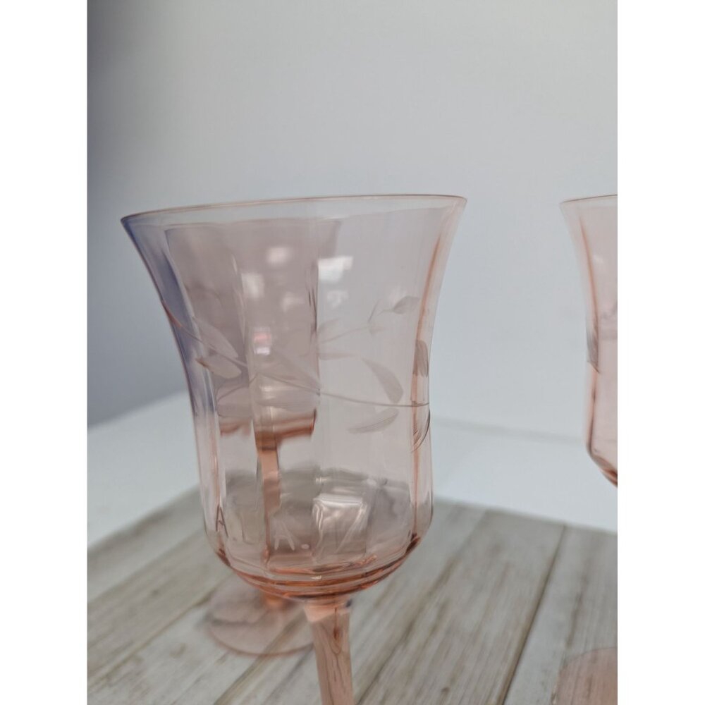 Set of 3 Vintage Tiffin Pink Optic Water Wine Stem Glasses 7 3/8" Depression Gla - Picture 2 of 9